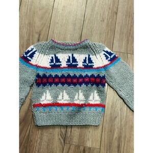Vintage Hand Knit Sweater Sailboat Nautical Coastal Grandma Gray Blue Size 2T-3T